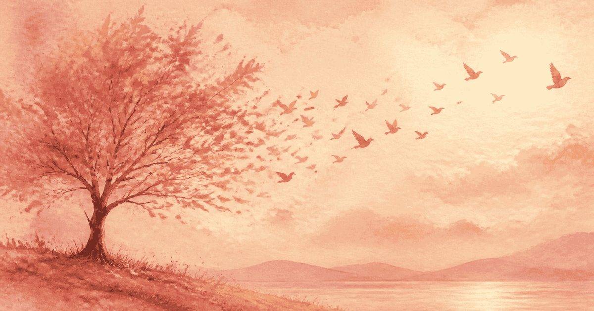 Υδατογραφία με δέντρο και πουλιά που πετούν, σύμβολο του πένθους και της απώλειας