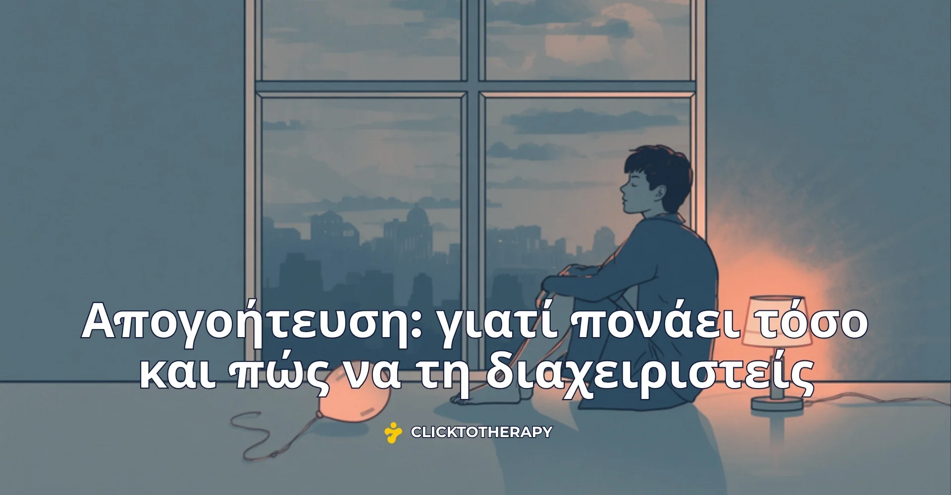 Νέος καθισμένος στο πάτωμα μπροστά σε μεγάλο παράθυρο, με ένα ξεφούσκωτο μπαλόνι δίπλα του, η απογοήτευση